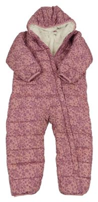 Starorůžová květovaná šusťáková zimní kombinéza s kapucí Lily & Dan