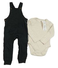 Nové - 2set - Béžové melírované žebrované body + antracitové laclové tepláky F&F