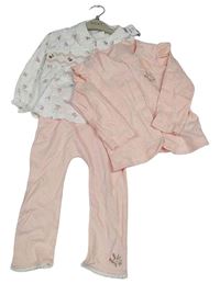 Nové - 3set - Bílé perforované květované triko s límečkem + světlerůžové legíny + propínací kabátek Next