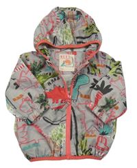 Šedá šusťáková jarní bunda s dinosaury a kapucí Next