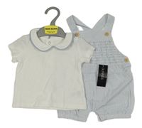 Nové - 2set - Bílo-světlemodré pruhované laclové kraťasy + bílé tričko s límečkem Dunnes