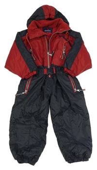 Červeno-tmavomodrá šusťáková zimní kombinéza s výšivkou a kapucí 