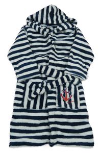 Tmavomodro-bílý pruhovaný chlupatý župan s kapucí 