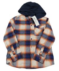 Nové - modro-smetanovo-oranžová kostkovaná košile s kapucí M&S