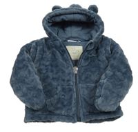 Šedomodrá chlupatá zateplená plyšová bunda s kapucí 