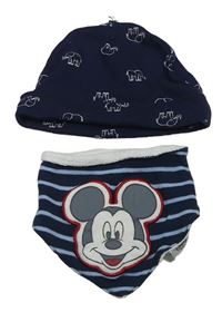 2set - Tmavomodrá čepice se slony + tmavomodrý pruhovaný slinták s Mickeym 