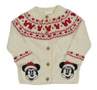 Smetanovo-červený vzorovaný propínací svetr s Minnie Disney
