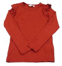 Červené žebrované třpytivé triko s volánky H&M
