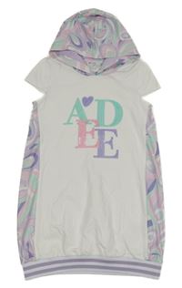 Bílo-lila-růžovo-tyrkysová šatová vesta s nápisem a vzorovanou kapucí 