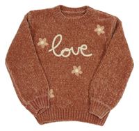 Starorůžový žinylkový květovaný svetr s nápisem 