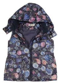 Tmavomodrá květovaná šusťáková zateplená vesta s kapucí H&M