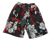 Černo-šedo-červené květované plážové kraťasy C&A