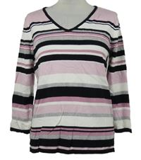 Dámský růžovo-černo-bílý pruhovaný lehký svetr M&S