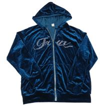 Tmavomodrá sametová propínací mikina s kamínky a kapucí Shein