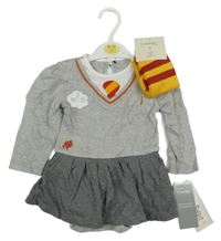 2 Nové - Set - Šedé šaty s všitým body-Harry Poter + žluto-červené punčocháče 