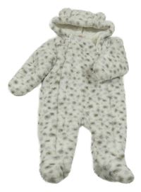 Bílo-hnědá vzorovaná chlupatá zateplená kombinéza s kapucí 