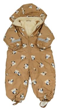 Hnědá šusťáková zimní kombinéza s pejsky a kapucí H&M