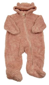 Růžová chlupatá kombinéza s kapucí 