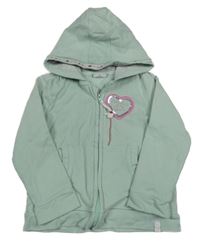 Zelenkavá propínací mikina se srdíčkem a kapucí 