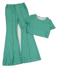 2set - Zelené vzorované crop tričko + flare kalhoty Shein