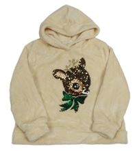 Béžová kožešinová mikina se srnkou z flitrů a kapucí H&M