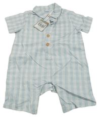 Nové - Světlemodro-bílý kostkovaný plátěný kraťasový overal Tu