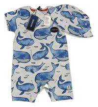 Nové - Bílý kraťasový overal s velrybami + klobouk Maine