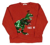 Červená mikina s dinosaurem z flitrů H&M