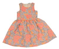Tmavošedo-světlerůžové melírované šaty s křiklavě korálovo-oranžovými růžemi  Matalan
