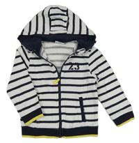 Bílo-tmavomodro-žlutá pruhovaná propínací mikina s číslem a kapucí Topolino