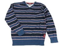 Modrošedo-tmavomodro-bílo-červený pruhovaný svetr se všitým trikem C&A