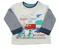 Nové - bílo-tmavomodré triko s obrázky a pruhy Bluezoo