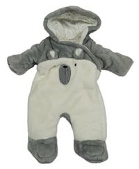 Šedo-bílá plyšová zateplená kombinéza s medvědem a kapucí F&F