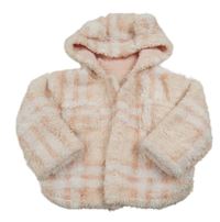 Světlerůžovo-růžovo-bílá kostkovaná huňatá bunda s kapucí s oušky 