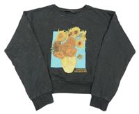 Tmavošedá šisovaná crop mikina se slunečnicemi - Vincent van Gogh PRIMARK