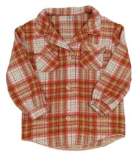 Bílo-červeno-hnědo-šedá kostkovaná vlněná košilová bunda Tu