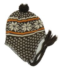 Tmavohnědá vzorovaná pletená čepice s vločkami a pruhy a bambulí