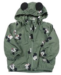 Khaki šusťáková jarní bunda s Mickey a odepínací kapucí H&M