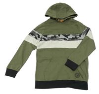 Khaki-army-světlešedo-černá mikina s kapsou se znakem a kapucí F&F