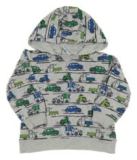 Světlešedá melírovaná mikina s auty a kapucí Topomini