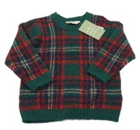Nové - smaragdovo-červeno-bílo-tmavomodrý kostkovaný vlněný svetr H&M