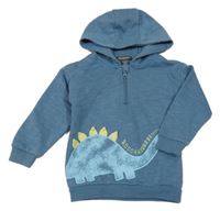 Modrošedá melírovaná mikina s dinosaurem a kapucí PRIMARK