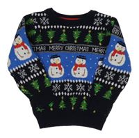 Tmavomodro-modrý svetr se sněhuláky a vánočními stromečky PRIMARK