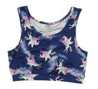 Tmavomodrý sportovní crop top s jednorožci Tu