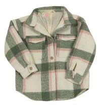 Smetanovo-khaki-růžová kostkovaná podšitá košilová bunda Dunnes