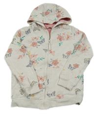 Béžová květovaná propínací mikina s motýly a kapucí George