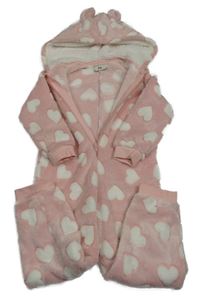 Růžová chlupatá kombinéza se srdíčky a kapucí C&A