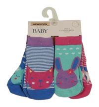 Nové - 4x ponožky se zvířaty - modro-bílé pruhované + tyrkysové + modré + tmavorůžovo-bílé pruhované M&S