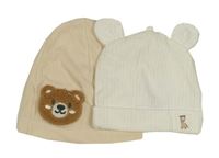 2x žebrovaná bavlněná čepice - bílá s oušky + béžová s medvědem