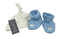 Nové - 2set - Světlešedá melírovaná bavlněná čepice s nápisy + světlemodré pletené capáčky s medvědem vel. 18